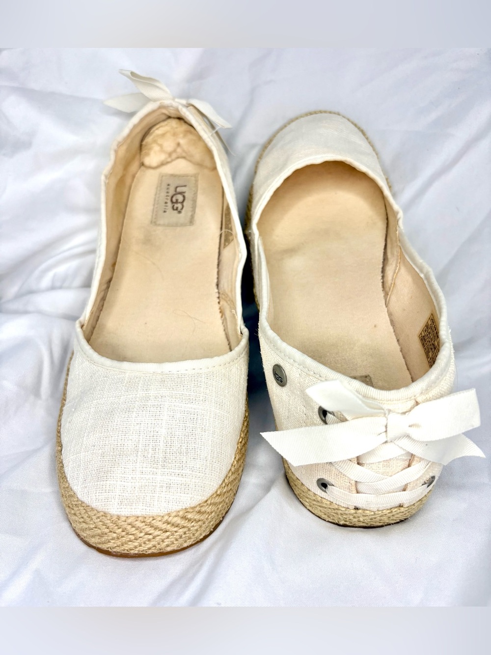 UGG Indah Cream Canvas Espadrille Corset Bow Back Flats Size 10